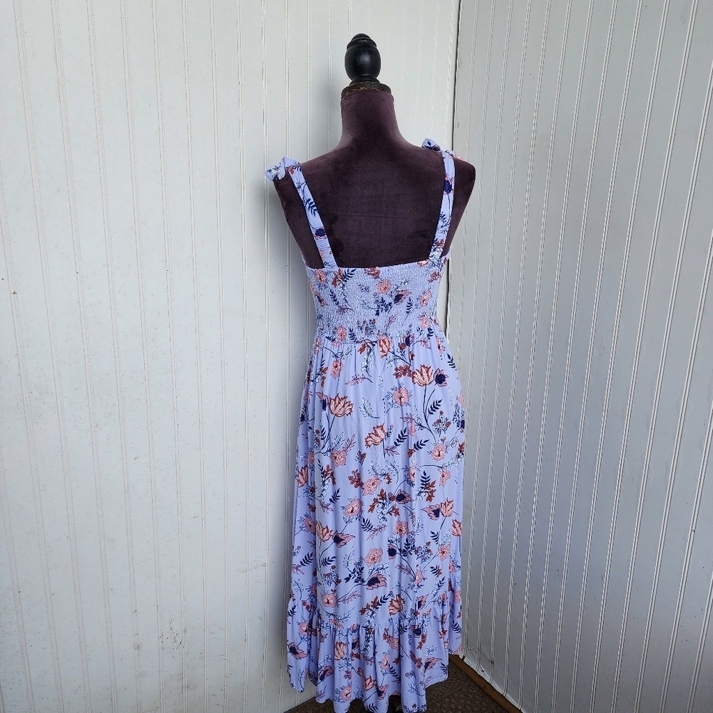 Japna Dress Womens Lilac Blue Floral Long Maxi Smocked Tie Straps Rayon Sz S - Picture 6 of 12